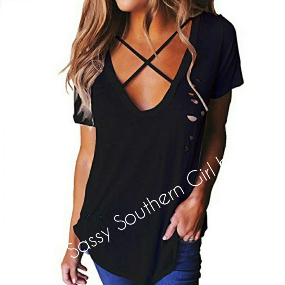 🆕⭐ Black deep v-neck distressed tee